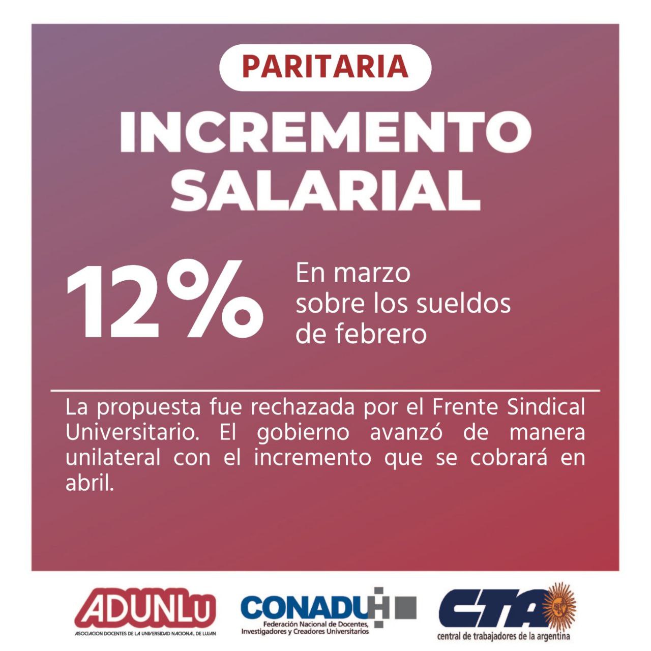 Doce por ciento de incremento salarial en marzo